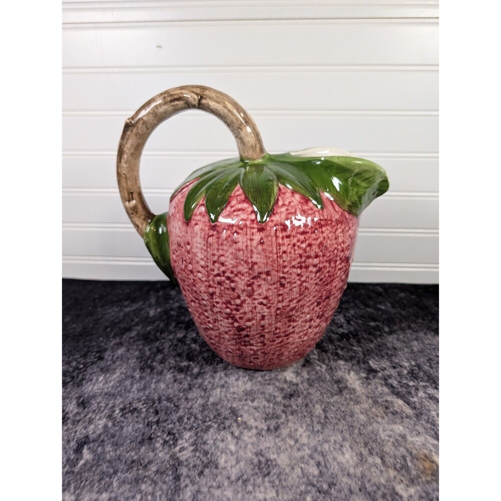Bassano Italy Strawberry Ceramic Pitcher Hand Painted Vase Pitcher 10”